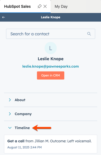 The HubSpot Sales Office 365 contact profile, displaying the contact's timeline expanded and displaying recent sales activities.