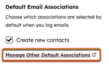 Log and track settings in the HubSpot Sales Office 365 add-in, highlighting the option to 'Manage Other Default Associations’.