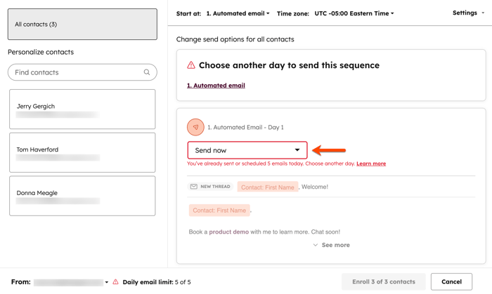 Inscrever vários contatos em uma sequência, mostrando um erro ao atingir o limite de envio diário de sequências.