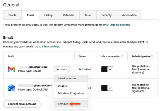 Email settings, highlighting the option to remove an email account from HubSpot.