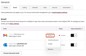 Email settings, highlighting the option to remove a personal email from HubSpot.