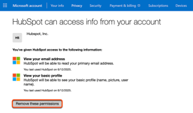 Microsoft apps and services settings, highlighting the option to remove HubSpot permissions.
