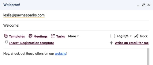 Screenshot of an email compose window in Gmail showing an example of a tracked link in a one-to-one email.