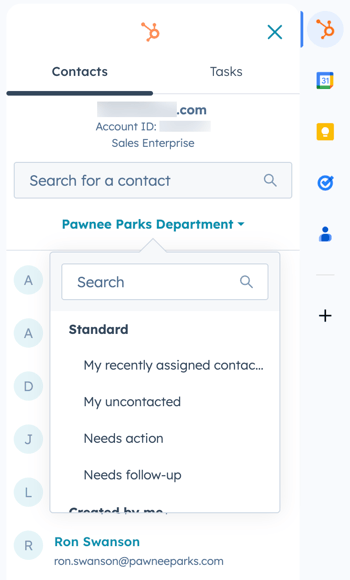 The HubSpot Sales Chrome extension in a Gmail inbox, displaying the option to search for contacts.