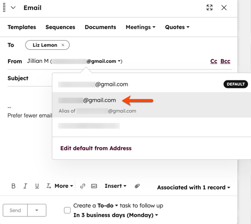 CRM email compose window with the From address dropdown open. An arrow points to the option for selecting an email alias.