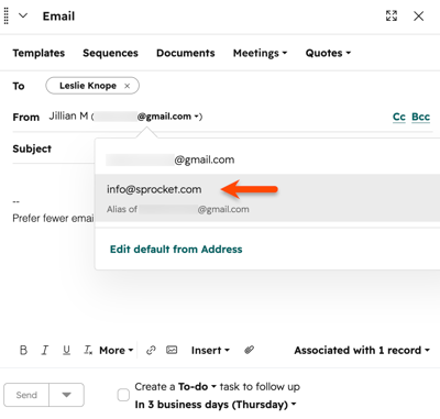 CRM email compose window with the From address dropdown open. An arrow points to the option for selecting an email alias.