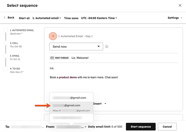 Screenshot of email sequence setup showing the sender address dropdown. An arrow points to selecting an email alias to send from.