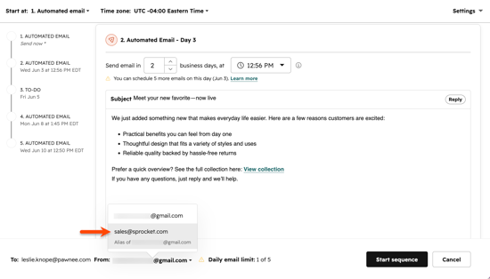 Screenshot of email sequence setup showing the sender address dropdown. An arrow points to selecting an email alias to send from.