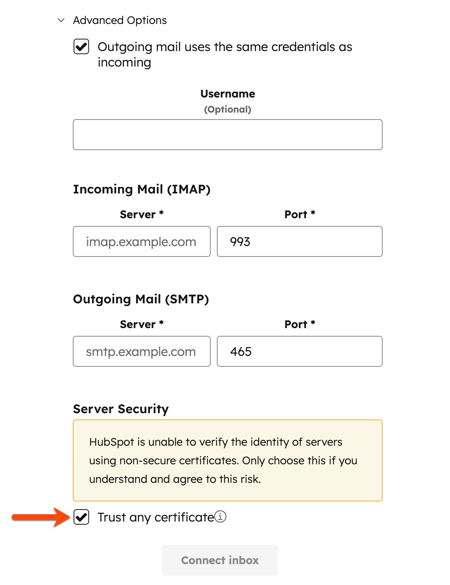 Inbox connection dialog box, displaying the Advanced Options section and highlighting the 