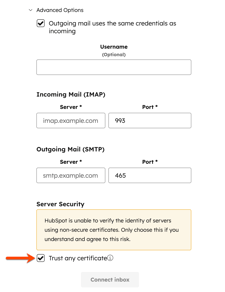 Inbox connection dialog box, displaying the Advanced Options section and highlighting the "Trust any certificate" checkbox under Server Security settings.