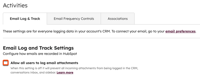 Email log and track settings, showing the "Allow all users to log email attachments" checkbox deselected.