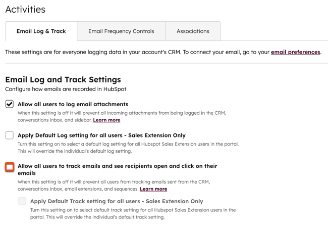 Email log and track settings, showing the "Allow all users to track emails and see recipients open and click on their emails" checkbox deselected.