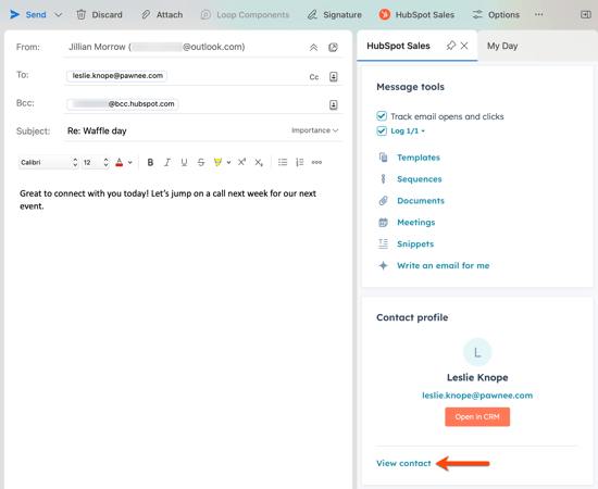 An Outlook inbox, displaying the HubSpot Sales Office 365 task pane on the right, and highlighting the option to view contact.