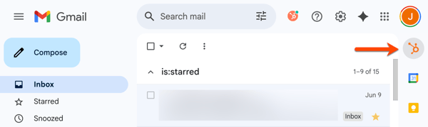 The Chrome sales extension, viewed from a Gmail inbox. The sales extension sprocket icon is highlighted in the inbox right side panel.