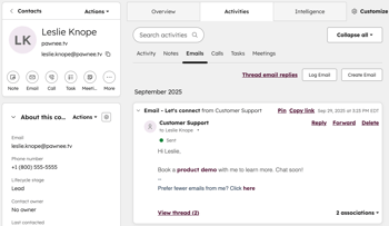 A contact record showing the 'Activities' tab where a logged email is displayed on the timeline.