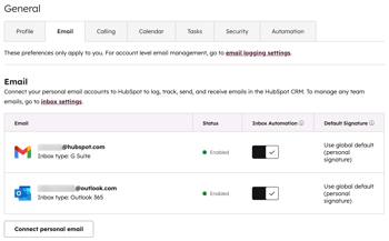 Email settings, showing a list of two connected personal email inboxes: a G Suite email and an Outlook 365 email, both with automation turned on.
