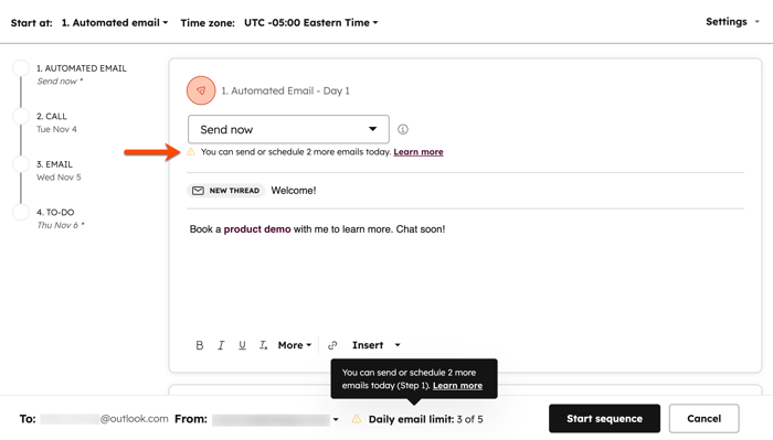 Inscrever um contato em uma sequência, mostrando um alerta ao atingir o limite de envio diário de sequências.