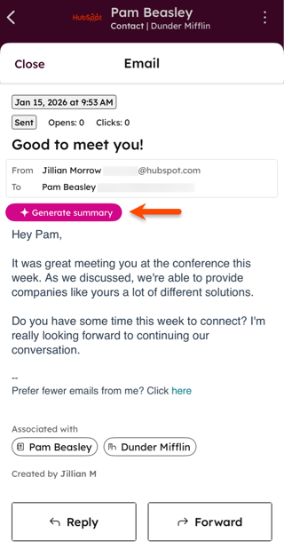A one-to-one email displaying the option to generate an email summary on the HubSpot mobile app.