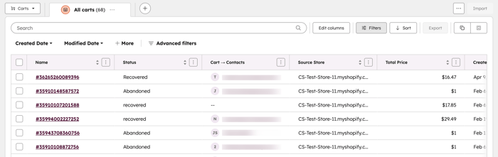 HubSpotのカート一覧ページを示すスクリーンショット
