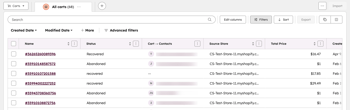 Screenshot showing the cart index page in HubSpot.