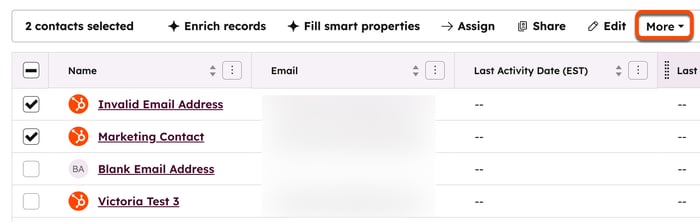 Screenshot of the contacts index page, with several contacts selected and the More dropdown menu in the top right highlighted.