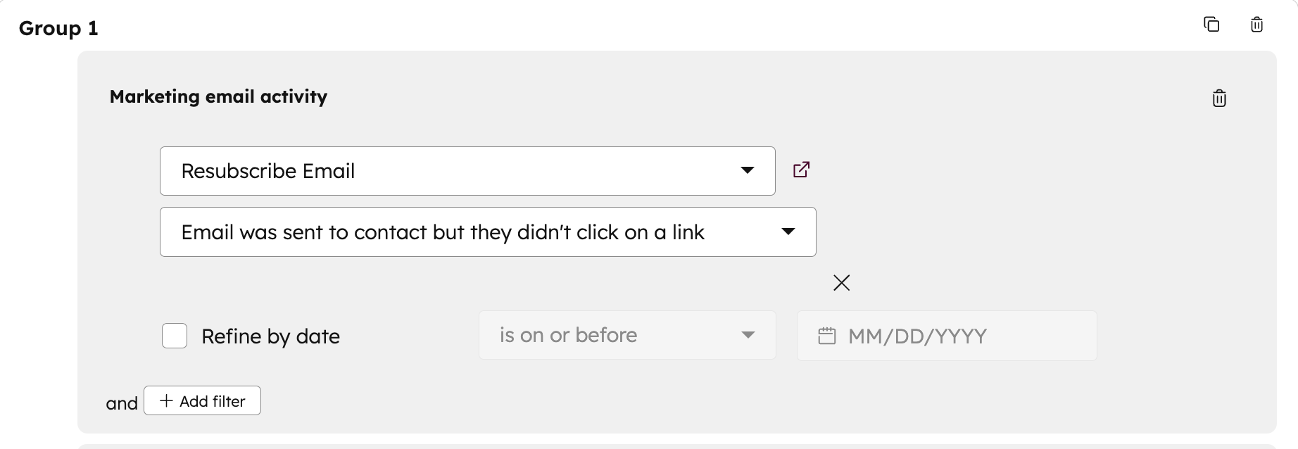 Screenshot of a list of contacts sent the re-engagement email who didn't click the link, using the filters described above.