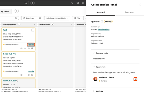Mise en évidence des approbations en attente dans le tableau des transactions de HubSpot ; Le panneau de droite affiche les détails de l’approbation, le nom de l’approbateur et l’icône d’une cloche pour les rappels.