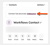 Screenshot of a contact record with a bounced email. The "Unbounce" button above the name of the contact is indicated.