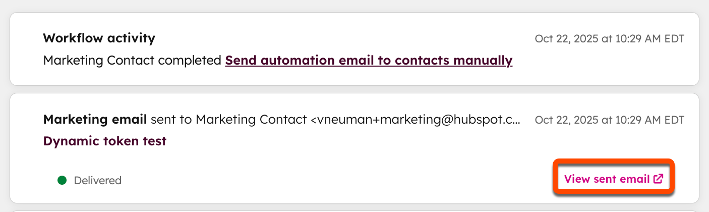 Screenshot of a contact record. On the action for a marketing email with a dynamic token, the "View sent email" button is highlighted.
