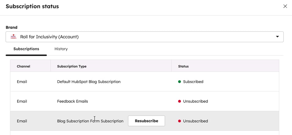 Screenshot of a sample contact's subscriptions. Subscription Type and Status are visible for each row.