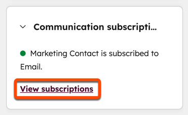 Screenshot of the "Communication subscriptions" section of a contact record. The "View subscriptions" button is highlighted.