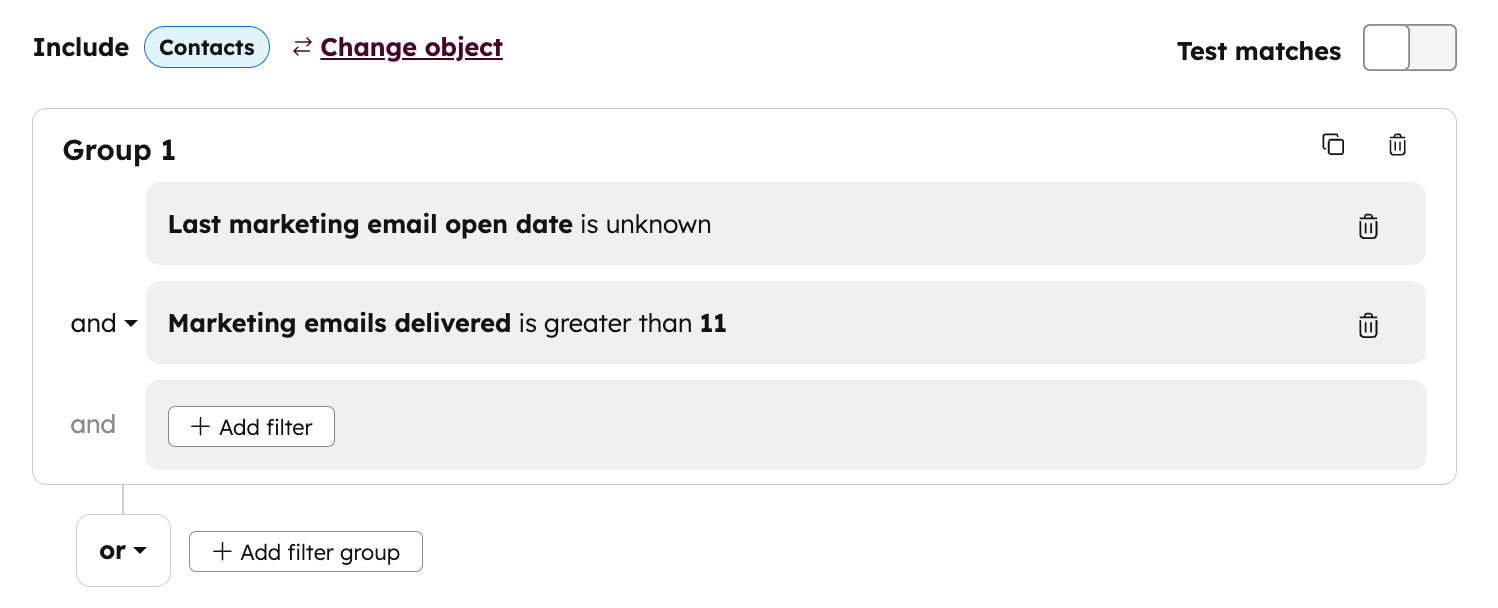 Screenshot of a list of unengaged contacts, using the filters described above.