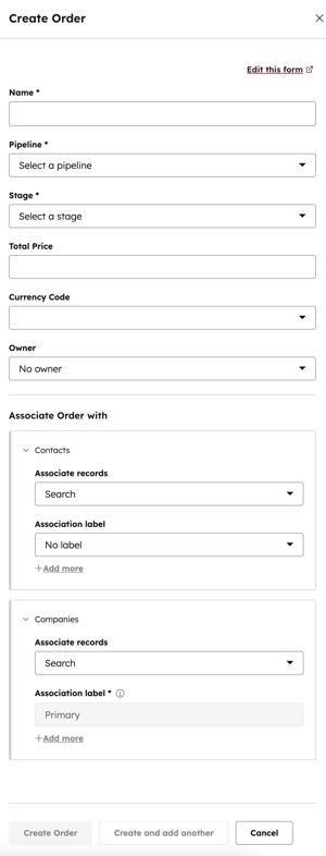 screenshot of creating an order record in HubSpot
