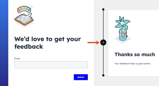 No editor de pesquisas, para o painel de visualização de pesquisas, uma seta aponta para o ícone de adição entre duas etapas. Indicando a adição de uma nova etapa à pesquisa.