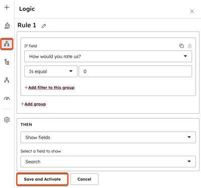 No editor de pesquisas, o editor de barras laterais fica visível. Uma caixa é colocada ao redor do ícone lógico. Uma caixa é colocada ao redor de Salvar e ativar.