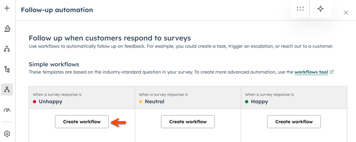 In the survey editor, the Follow-up automation option is displayed. An arrow points to the Create workflow button for a simple workflow