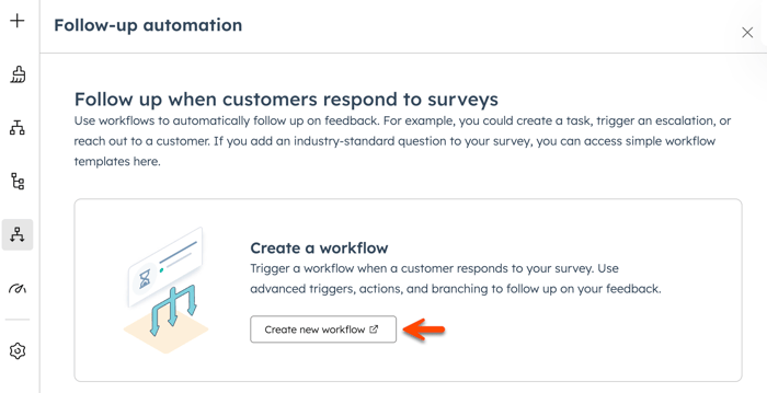 In the survey editor, the Follow-up automation option is displayed. An arrow points to the Create new workflow button.