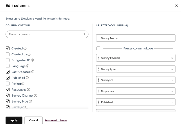 In feedback surveys, on the Manage Surveys page, the edit columns dialog box is displayed.