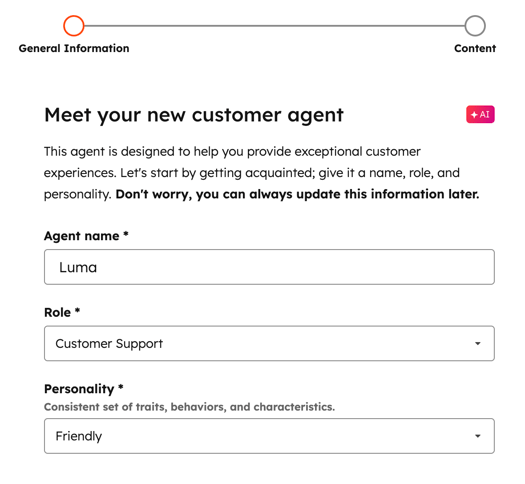 Customer agent creation, showing fields to enter the agent name, role, and personality for the customer agent.