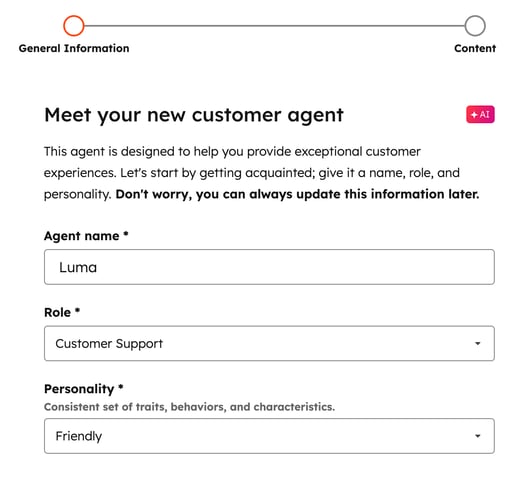 Customer agent creation, showing fields to enter the agent name, role, and personality for the customer agent.