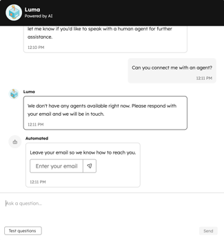 Customer agent sample conversation, displaying hand off to an agent with the option to enter your email.
