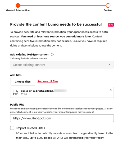Customer agent content inputs, showing the options to add existing content, add files, and provide a public URL as customer agent content sources.