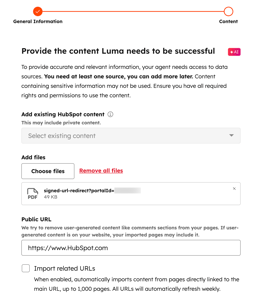 Customer agent content inputs, showing the options to add existing content, add files, and provide a public URL as customer agent content sources.
