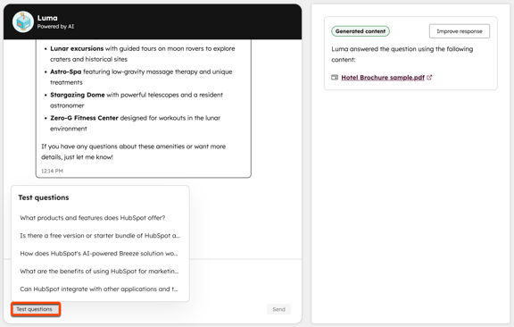 Customer agent testing, highlighting the option to select test questions to ask your customer agent.