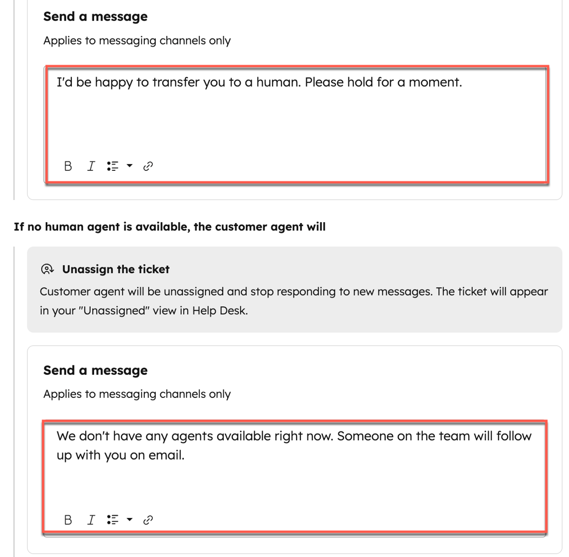 Set up and customize the customer agent's handoff process