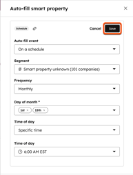 Auto-fill smart property scheduling dialog with dropdowns for event, segment, frequency, day, and time; Save button highlighted.