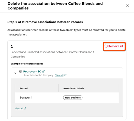 Panel to delete association definition showing step to remove all record associations with Remove all button.