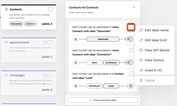 Exibição de modelo de dados com rótulos de associação de contatos e opções de menu para editar o nome do rótulo, limites e configurações.