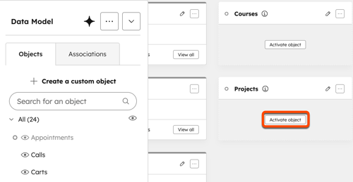 Data model settings showing the Projects object with the Activate object button highlighted.