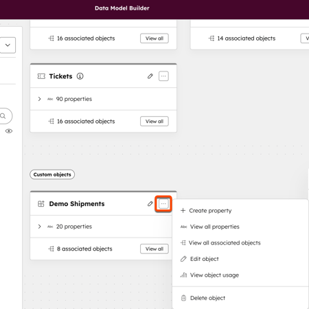 Custom object card in the data model builder with the three horizontal dots icon selected, displaying options like Edit object and Delete object